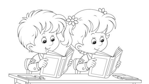 Disegno che raffigura due bambini seduti al tavolo a leggere Disegno che raffigura due bambini seduti al tavolo a leggere