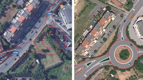 Vista aerea dell'incrocio tra la SP 28 BIS e via Rosata. L’immagine mostra due versioni: a sinistra l’attuale configurazione stradale con puntini che tracciano il contorno della futura rotatoria, a destra la simulazione grafica della nuova rotatoria completata. Vista aerea dell'incrocio tra la SP 28 BIS e via Rosata. L’immagine mostra due versioni: a sinistra l’attuale configurazione stradale con puntini che tracciano il contorno della futura rotatoria, a destra la simulazione grafica della nuova rotatoria completata.