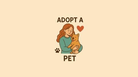 Una donna tiene in braccio un cane; accanto c’è un cuore e la scritta “Adopt a pet"