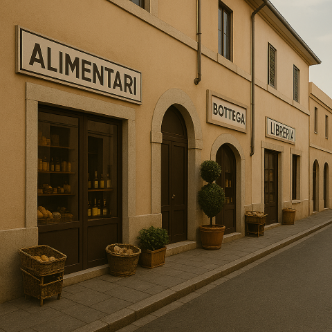 L’immagine mostra una serie di ingressi di negozi e botteghe affacciati sulla strada