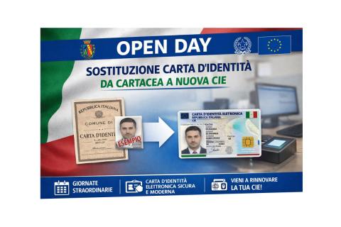 Banner Open Day per la sostituzione della carta d’identità cartacea con la nuova Carta d’Identità Elettronica (CIE), con immagine del passaggio dalla vecchia carta al nuovo formato elettronico e invito al rinnovo.