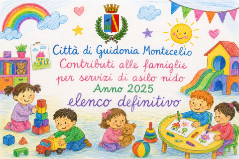 Un gruppo di bambini gioca insieme a scuola. In alto compare la scritta: ‘Città di Guidonia Montecelio – contributi alle famiglie per servizi di asilo nido anno 2025, elenco definitivo’.”