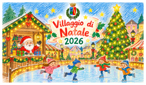 Bambini sorridenti che pattinano sul ghiaccio, albero e casetta di Babbo Natale, con logo del Comune di Guidonia Montecelio e scritta Villaggio di Natale 2026