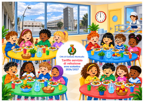 Bambini seduti ai tavoli della mensa scolastica durante il pranzo; al centro dell'immagine il logo del Comune e la scritta Città di Guidonia Montecelio - dalla finestra si vede Piazza Matteotti.