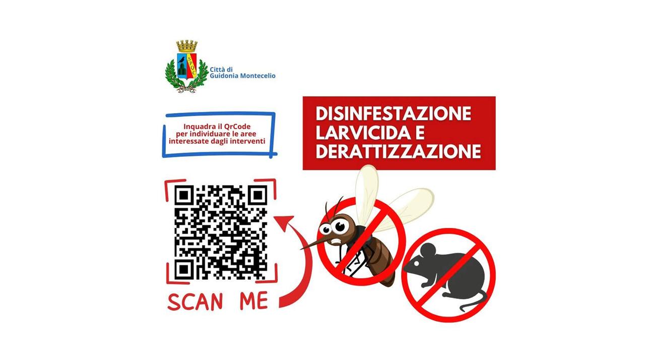 Disegno stilizzato di una zanzara e un topo, simboli rappresentativi di una disinfestazione larvicida e derattizzazione. Accanto, un codice QR da inquadrare con lo smartphone per visualizzare le aree interessate dagli interventi.