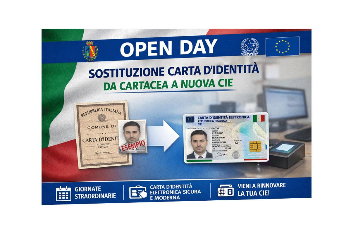 Banner Open Day per la sostituzione della carta d’identità cartacea con la nuova Carta d’Identità Elettronica (CIE), con immagine del passaggio dalla vecchia carta al nuovo formato elettronico e invito al rinnovo.