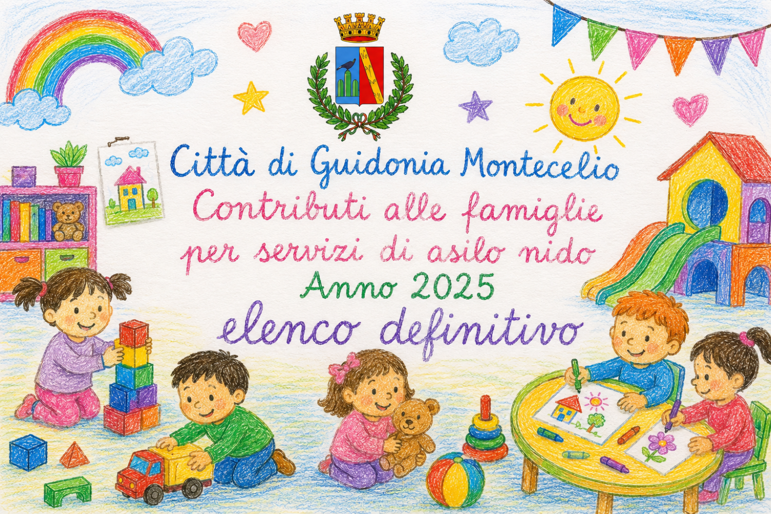 Un gruppo di bambini gioca insieme a scuola. In alto compare la scritta: ‘Città di Guidonia Montecelio – contributi alle famiglie per servizi di asilo nido anno 2025, elenco definitivo’.”
