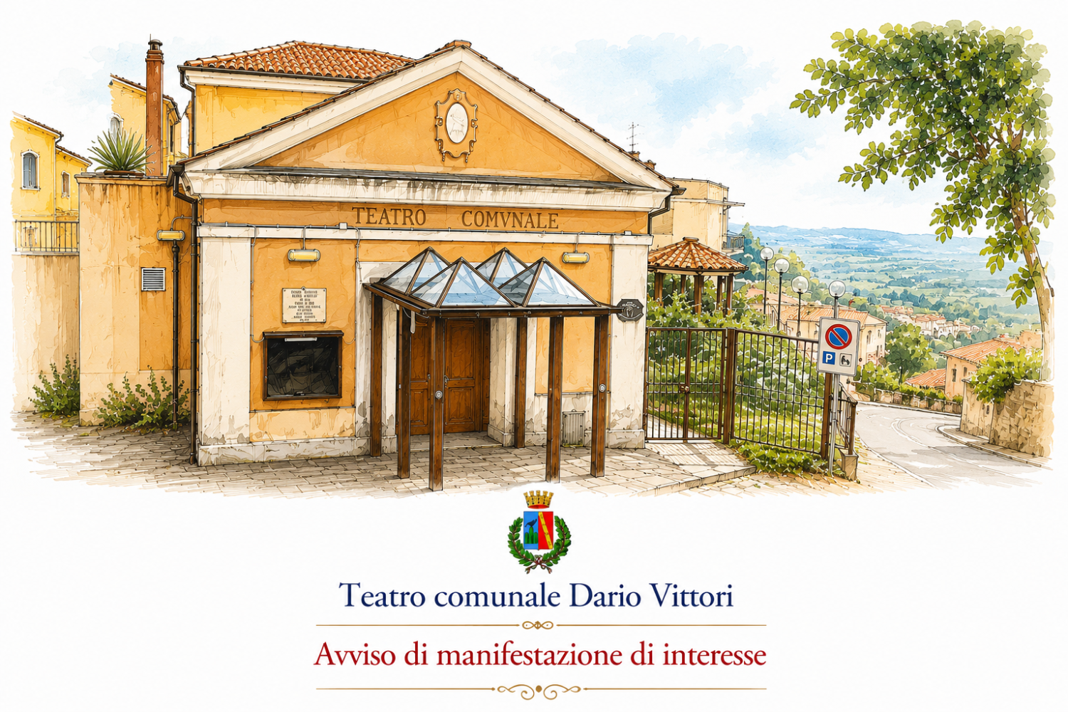 Immagine del Teatro comunale Dario Vittori. Al centro il logo del Comune e la scritta: ‘Città di Guidonia Montecelio – Avviso di manifestazione di interesse.