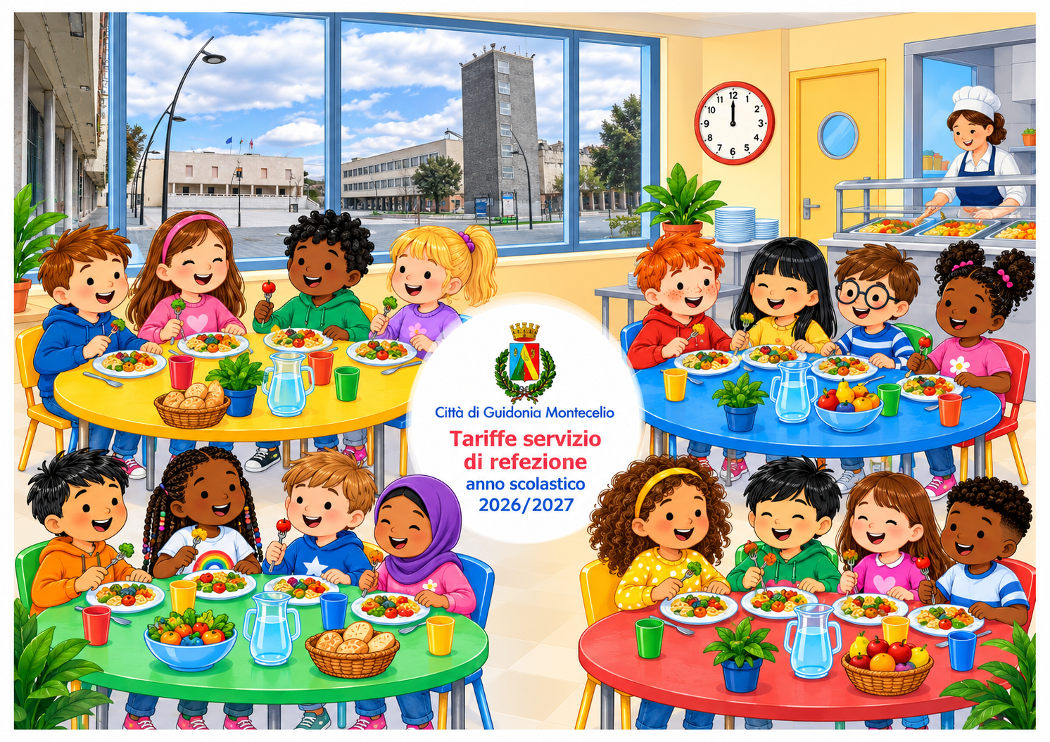 Bambini seduti ai tavoli della mensa scolastica durante il pranzo; al centro dell'immagine il logo del Comune e la scritta Città di Guidonia Montecelio - dalla finestra si vede Piazza Matteotti.